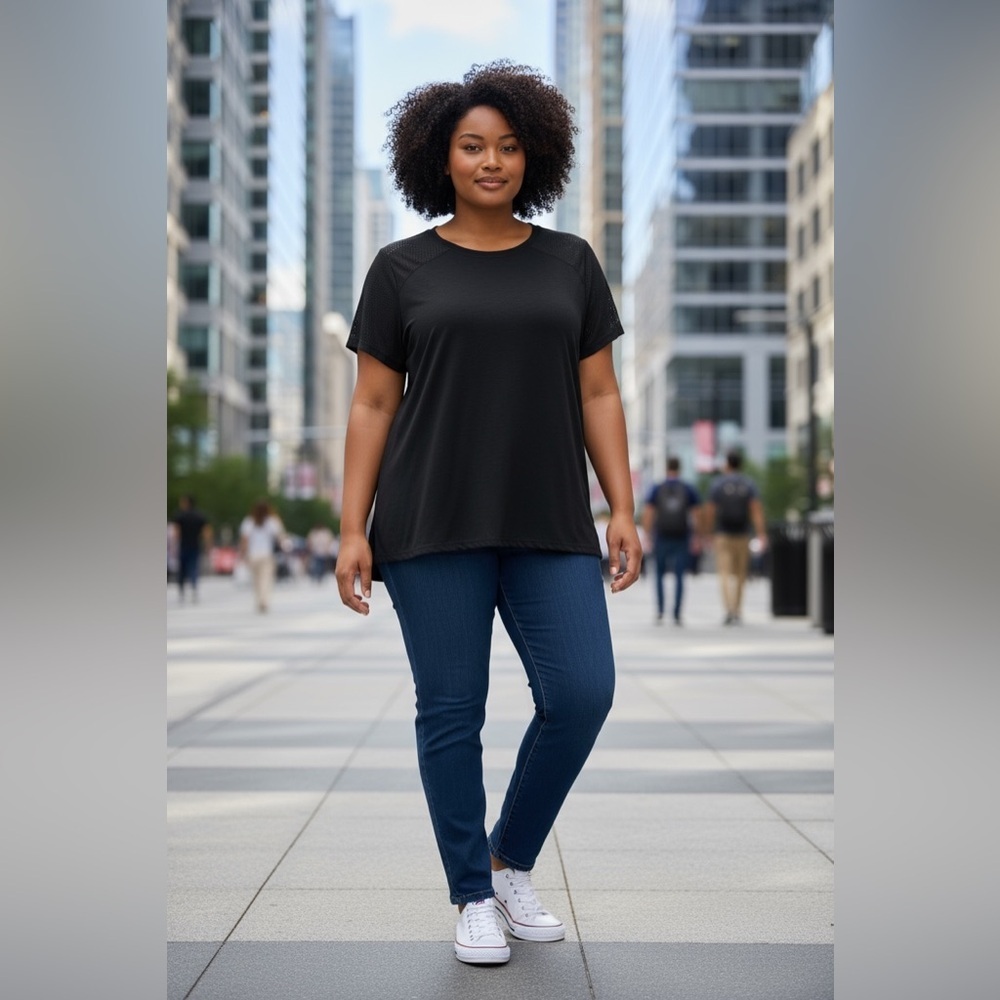 ActiveZone by Penningtons, Plus Size Black Mesh Sleeve Tee, Size 2X
